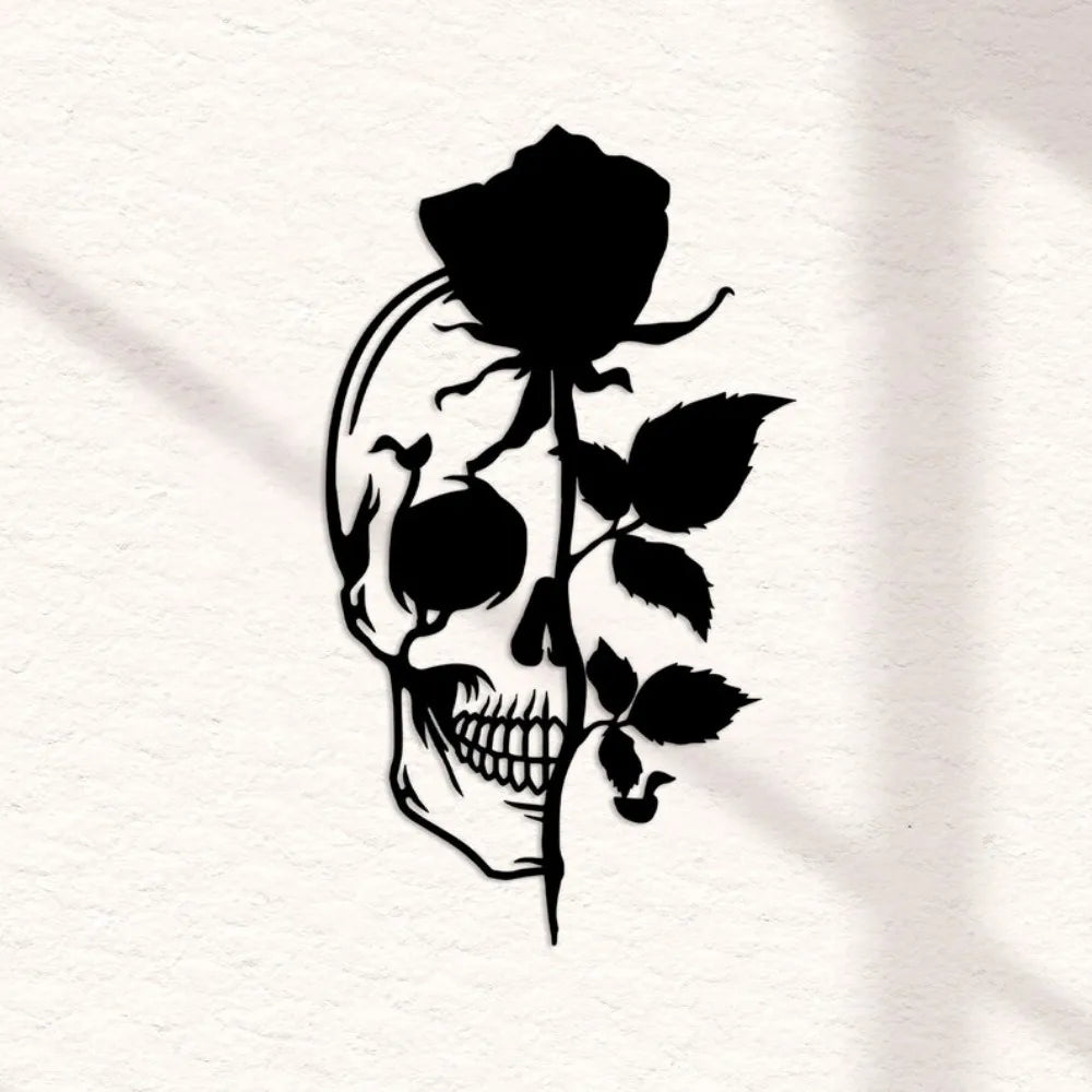 Skull with Rose Metal Wall Art, Flower Skull Signs, Sugar Skull, Skeleton Decor, Halloween Gothic Decor