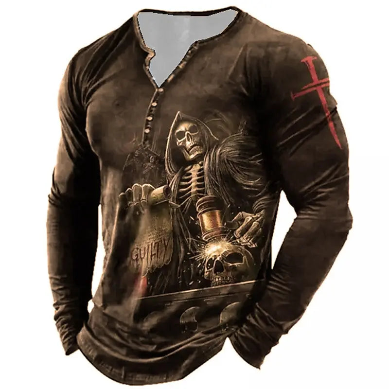 Skull Vintage T-Shirt For Men Graphic T Shirts Cotton Tees 3D Print Long Sleeve V-Neck Tee Oversized Men's Clothing Tops Summer
